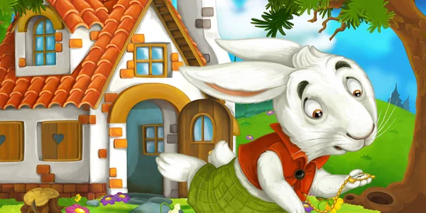 cartoon scene with running rabbit