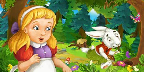 Cartoon-Szene mit einem jungen Mädchen im Wald — Stockfoto