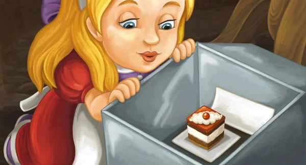 女孩微笑着，看起来美味蛋糕上 — 图库照片