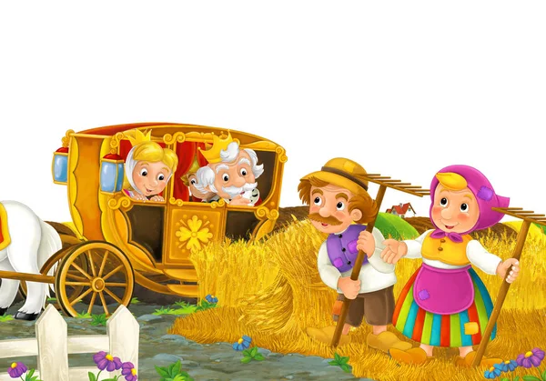 Cartoon scene with royal pair visiting farmers — Stock Photo, Image
