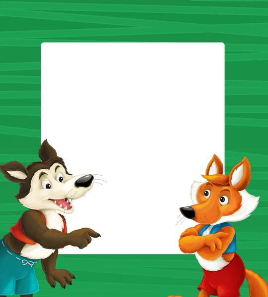 frame with happy cartoon fox and wolf