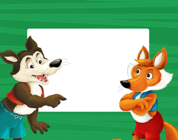 frame with happy cartoon fox and wolf