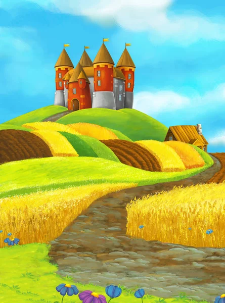 Cartoon medieval scene with castle — Stock Photo, Image