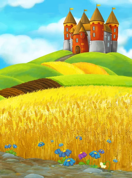 Cartoon medieval scene with castle — Stock Photo, Image