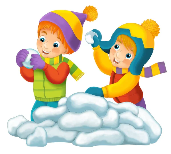 Cena dos desenhos animados com crianças brincando com neve — Fotografia de Stock