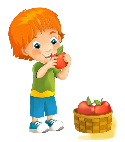 Dziecko kreskówki z jabłkami — Zdjęcie stockowe
