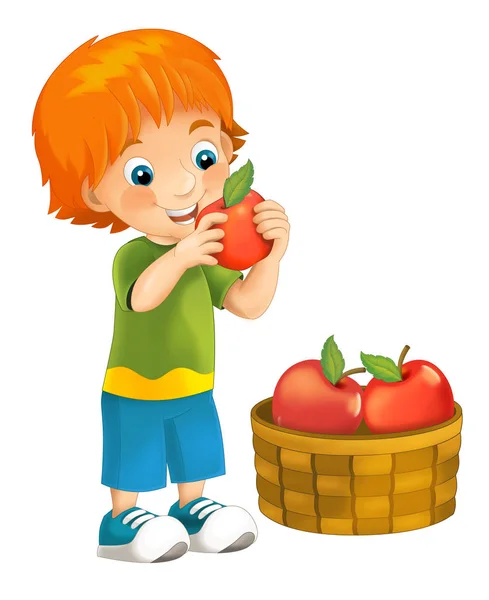 Dziecko kreskówki z jabłkami — Zdjęcie stockowe