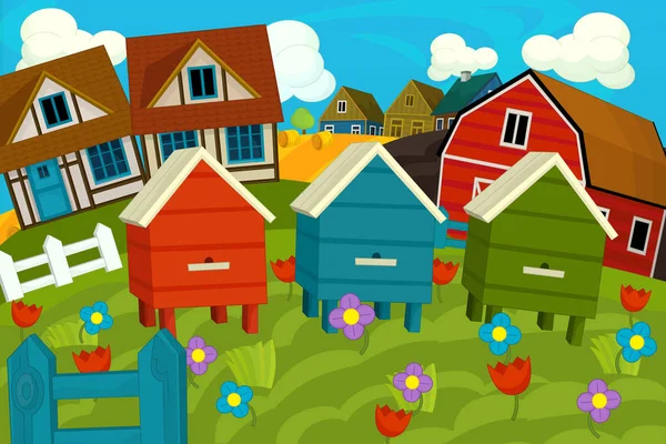 Мультфильм деревянные дома и поля — стоковое фото