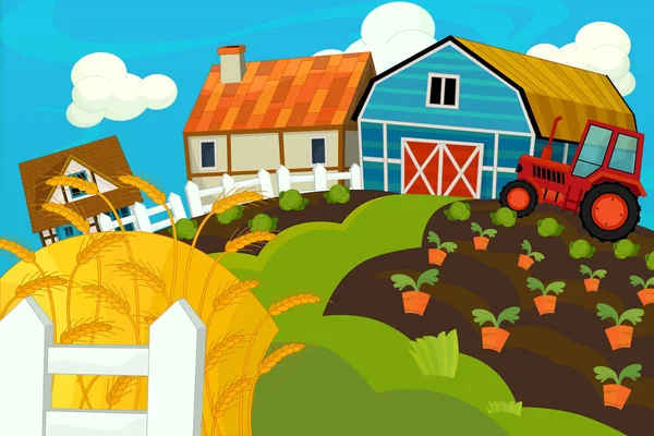 Cartoon boerderij met houten huizen — Stockfoto