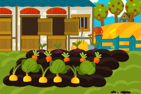 Мультфильм ферма с деревянными домами — стоковое фото
