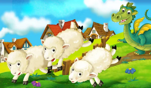 Dragón con ovejas cerca de casas — Foto de Stock