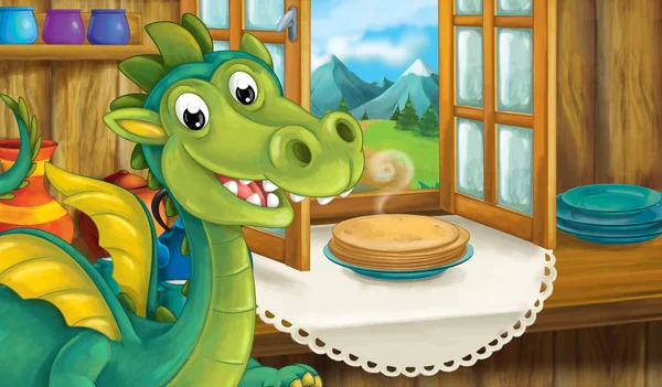 dragon indoors with pancakes