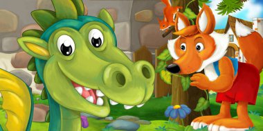 ağaç ve gülümseyen ejderha arkasında duran tilki