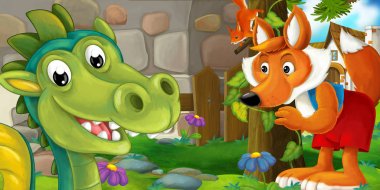 ağaç ve gülümseyen ejderha arkasında duran tilki