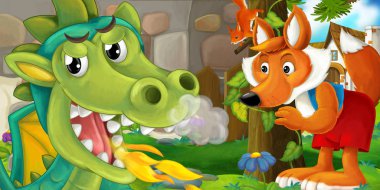 Karikatür ejderha ve fox açık