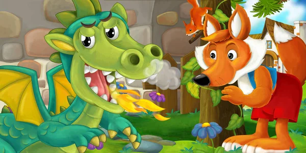 Cartoon dragon and fox outdoor