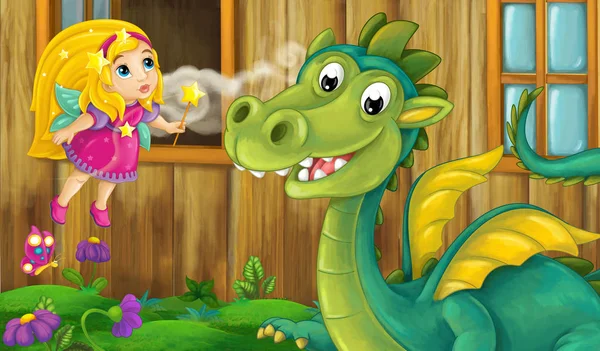 Cartoon dragon with colorful fairy — Stock Photo, Image