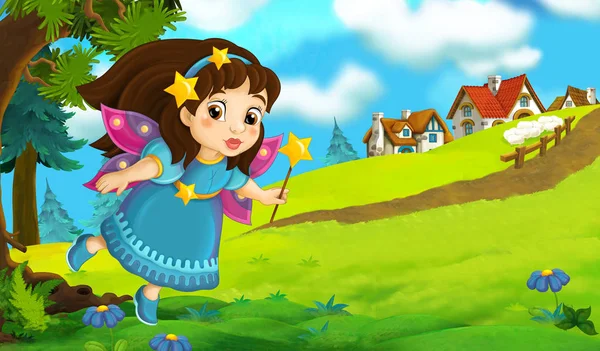 Cartoon fairy near houses — Stock Photo, Image