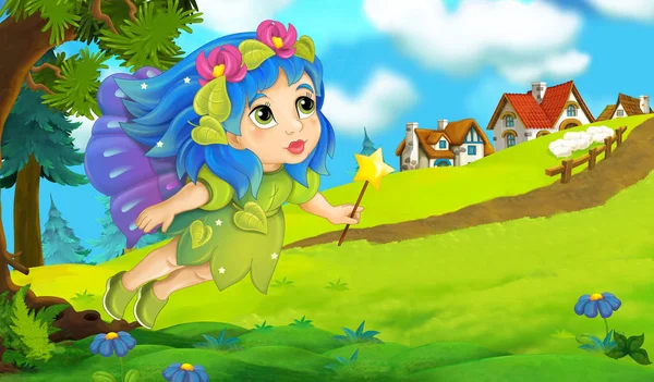 cartoon fairy near houses
