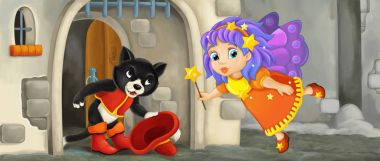 Peri ve değnek ile karikatür kedi