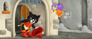 Peri ve değnek ile karikatür kedi