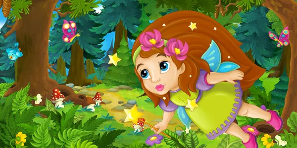 Cartoon fairy flying in forest — Stock Photo, Image