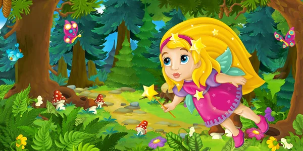 Cartoon fairy vliegen in bos — Stockfoto