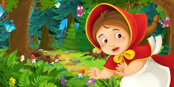 Ragazza dei cartoni animati nella foresta fiabesca — Foto Stock