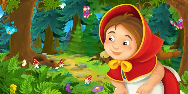 Chica de dibujos animados en el bosque de cuento de hadas — Foto de Stock