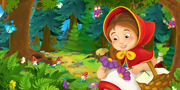 Chica de dibujos animados con cesta en el bosque — Foto de Stock