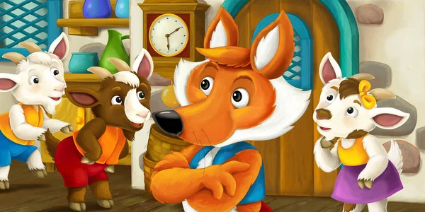 cartoon fox with goats in house