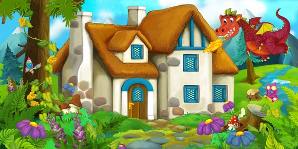 Dragon in de buurt van fairytale huis — Stockfoto