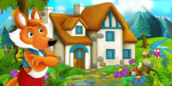 Desenho animado raposa perto da casa da aldeia — Fotografia de Stock