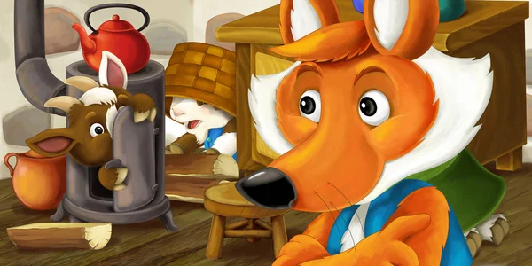 cartoon fox with goats in house