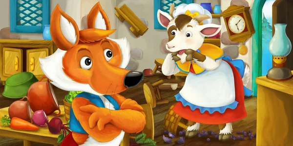 Cartoon fox with goat in house — Stock Photo, Image