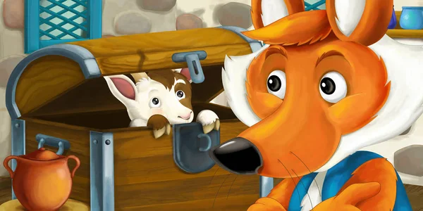 Kreslený fox s kozlíkem v domě — Stock fotografie