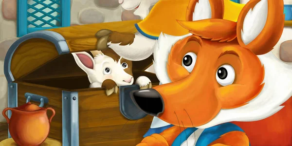 cartoon fox with goats in house