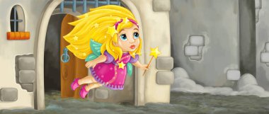 Ortaçağ kalesinde uçan karikatür peri