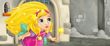 Ortaçağ kalesinde uçan karikatür peri