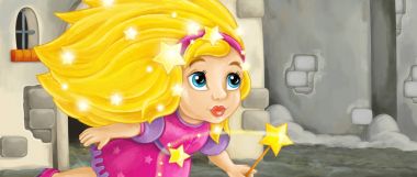 Ortaçağ kalesinde uçan karikatür peri