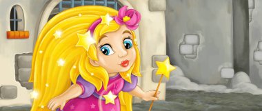 Ortaçağ kalesinde uçan karikatür peri