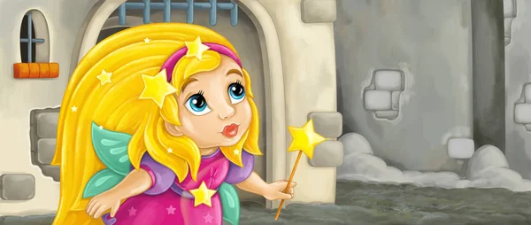 cartoon fairy flying in medieval castle