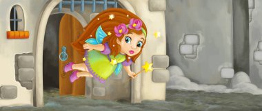 Ortaçağ kalesinde uçan karikatür peri