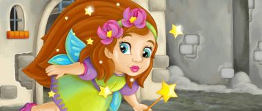 Ortaçağ kalesinde uçan karikatür peri