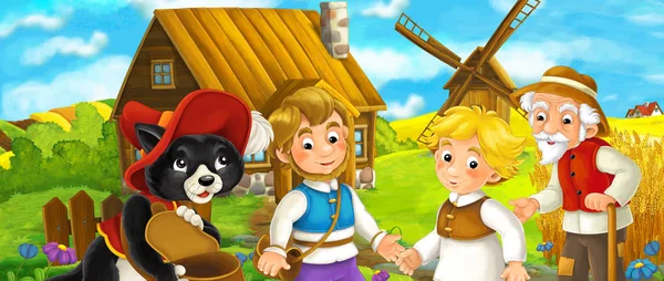 Cartoon farmers with cat — Stock Photo, Image