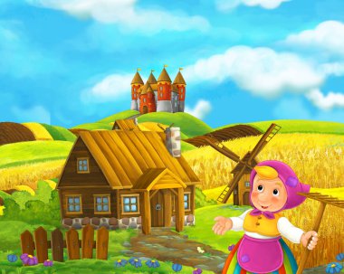 Yaşlı kadın geleneksel köyün önünde