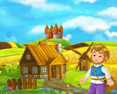 Geleneksel köyün önünde duran adam