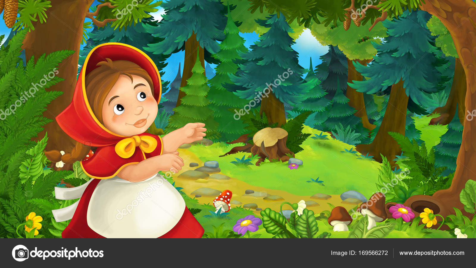 Cartoon Scene Little Red Riding Hood Walking Forest Colorful Illustration  Stock Photo by ©agaes8080 169566272