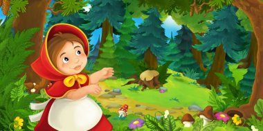 Küçük kırmızı başlıklı kız orman, çocuklar için renkli resimde yürüyüş ile çizgi film sahne