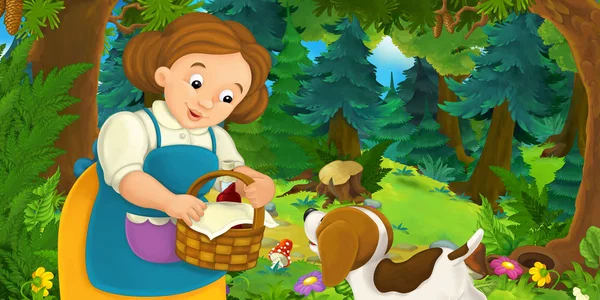 sevimli köpek ile çizgi film sahne ve orman, çocuklar için renkli resimde yürüyüş sepeti ile küçük kız